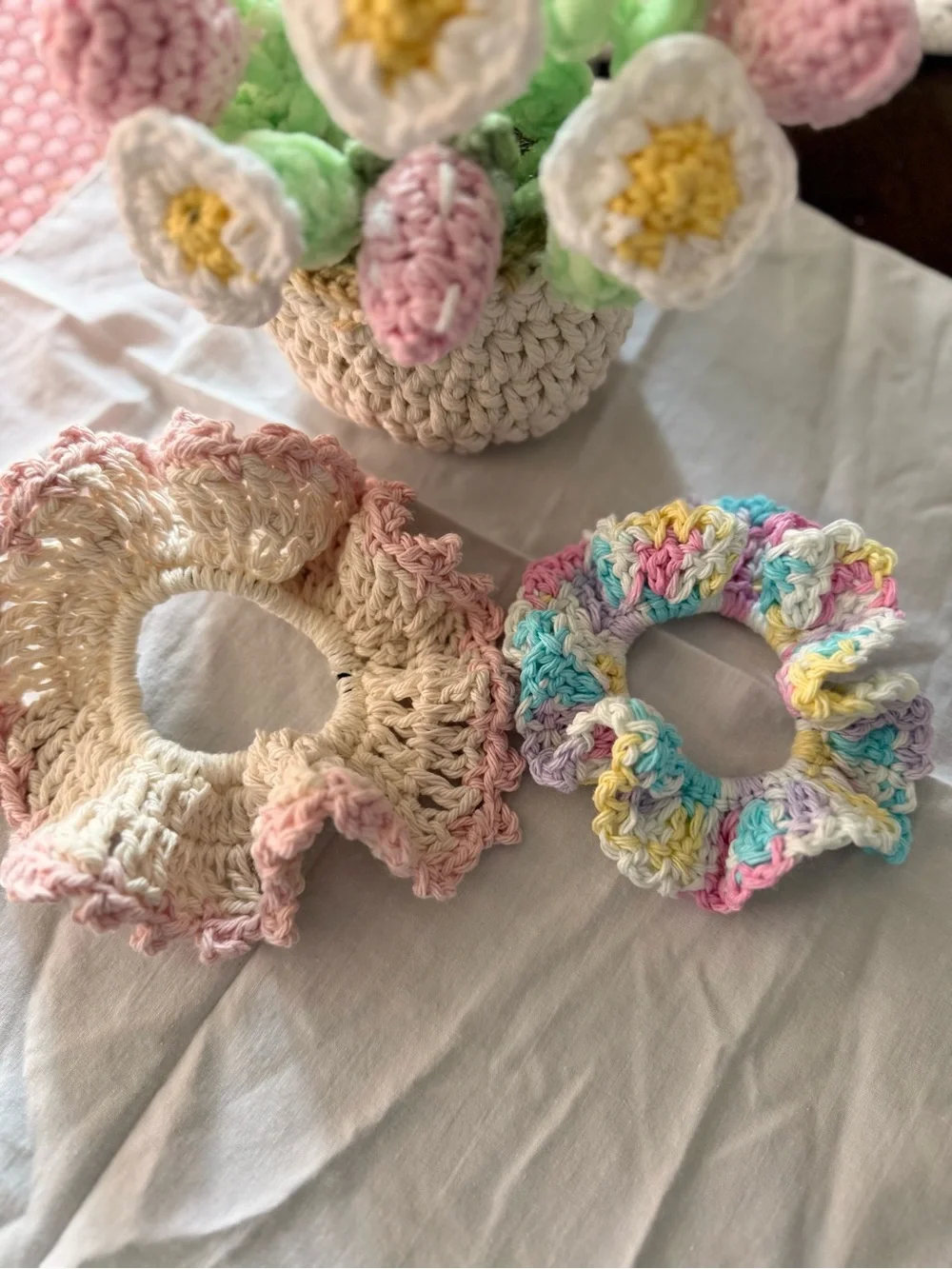Handmade Crochet Scrunchies Set of 2 Pastel Boho Hair Accessories Cottagecore